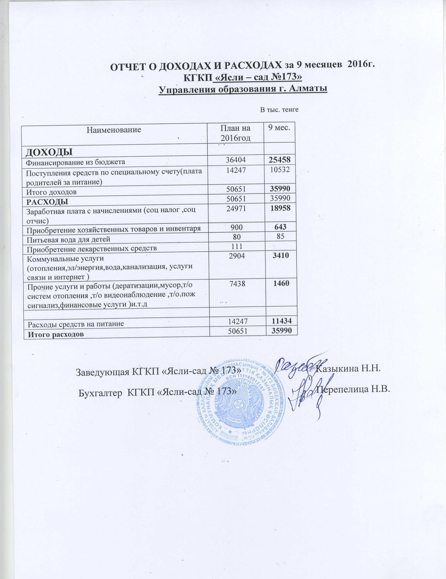 отчет о дорходах и расходах за 9 месяцев 2016года 